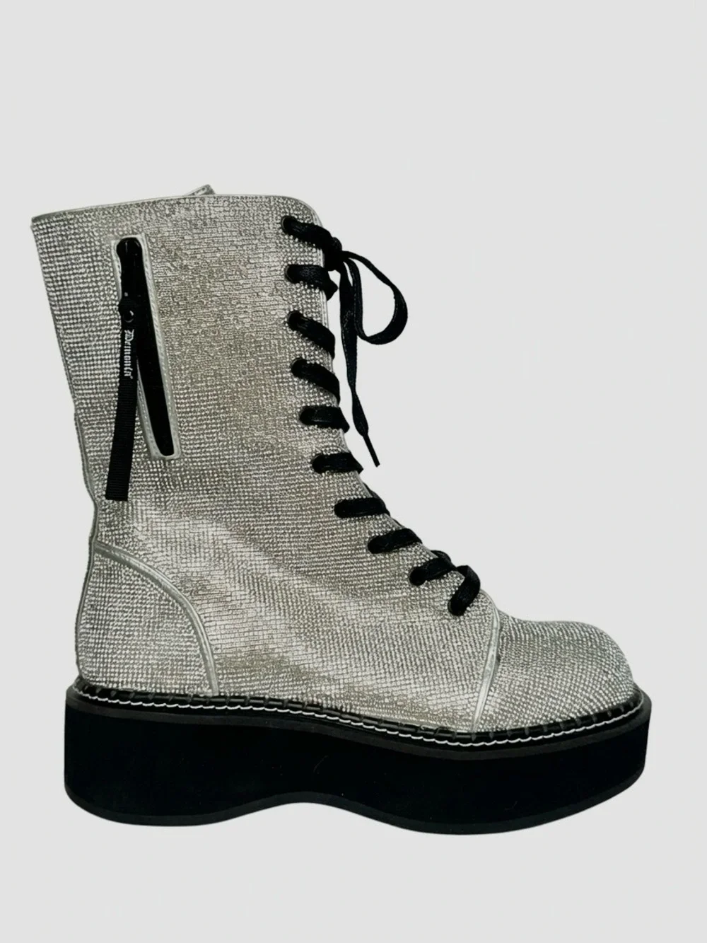 Demonia Emily-362 Silver Rhinestone Platform Combat Boots